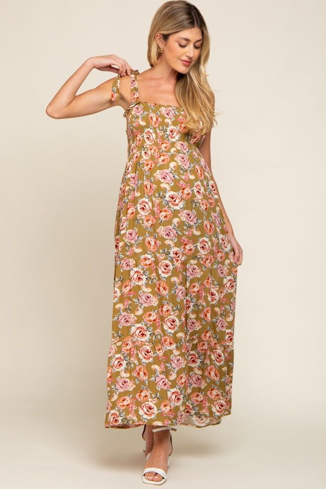 Olive Floral Smocked Shoulder Tie Tiered Maternity Maxi Dress sold by Pinkblush product image thumbnail 4