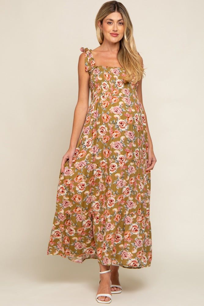 Olive Floral Smocked Shoulder Tie Tiered Maternity Maxi Dress sold by Pinkblush