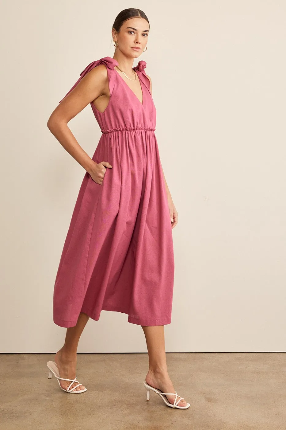 Magenta Linen Shoulder Tie Midi Dress sold by Pinkblush product image thumbnail 2