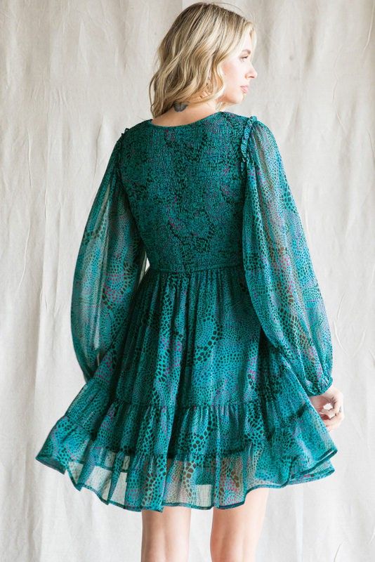 Teal Printed Smocked Long Sleeve Dress sold by Pinkblush product image thumbnail 2