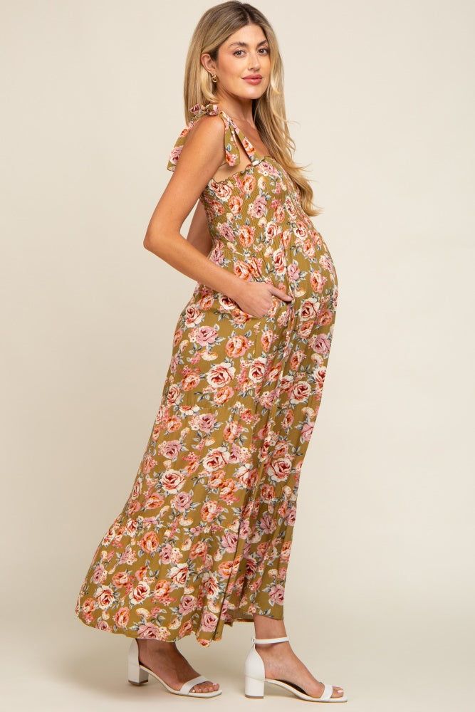 Olive Floral Smocked Shoulder Tie Tiered Maternity Maxi Dress sold by Pinkblush product image thumbnail 2