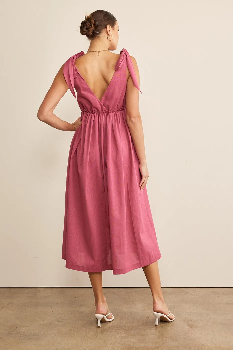 Magenta Linen Shoulder Tie Midi Dress sold by Pinkblush product image thumbnail 3