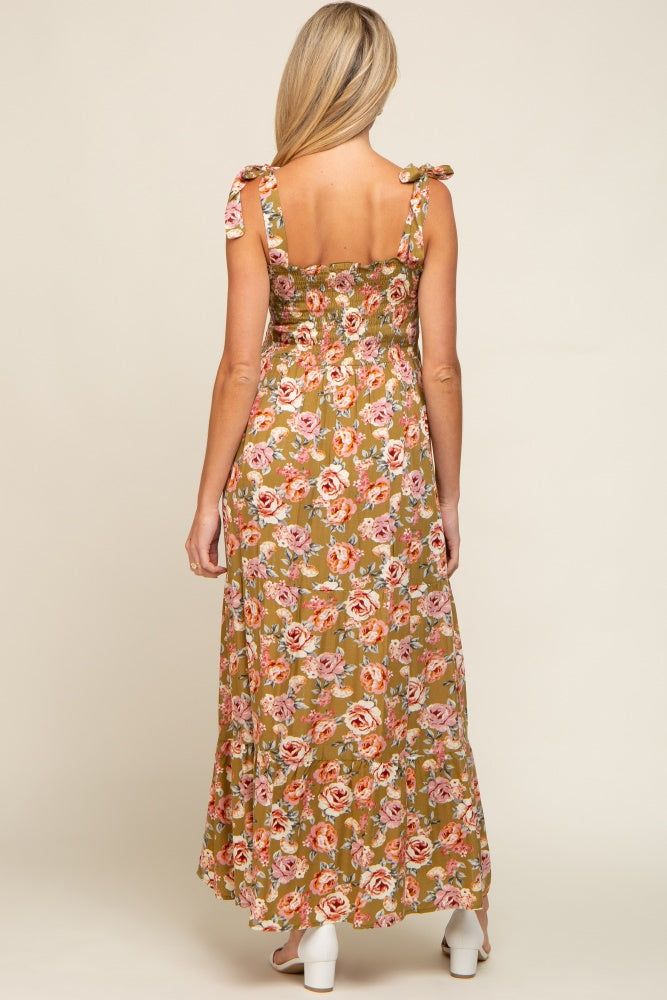 Olive Floral Smocked Shoulder Tie Tiered Maternity Maxi Dress sold by Pinkblush product image thumbnail 3