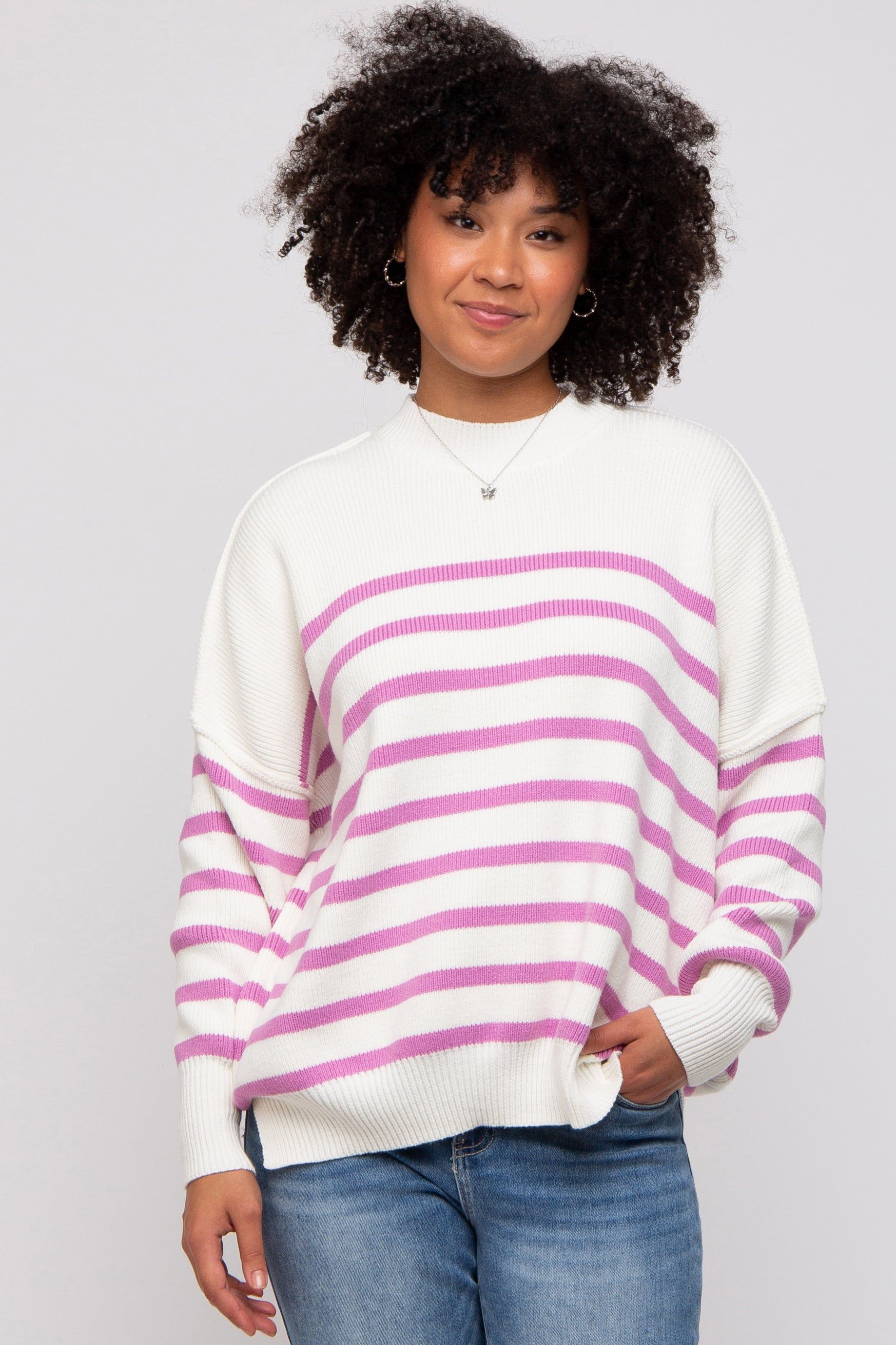Pink Striped Drop Shoulder Sweater sold by Pinkblush