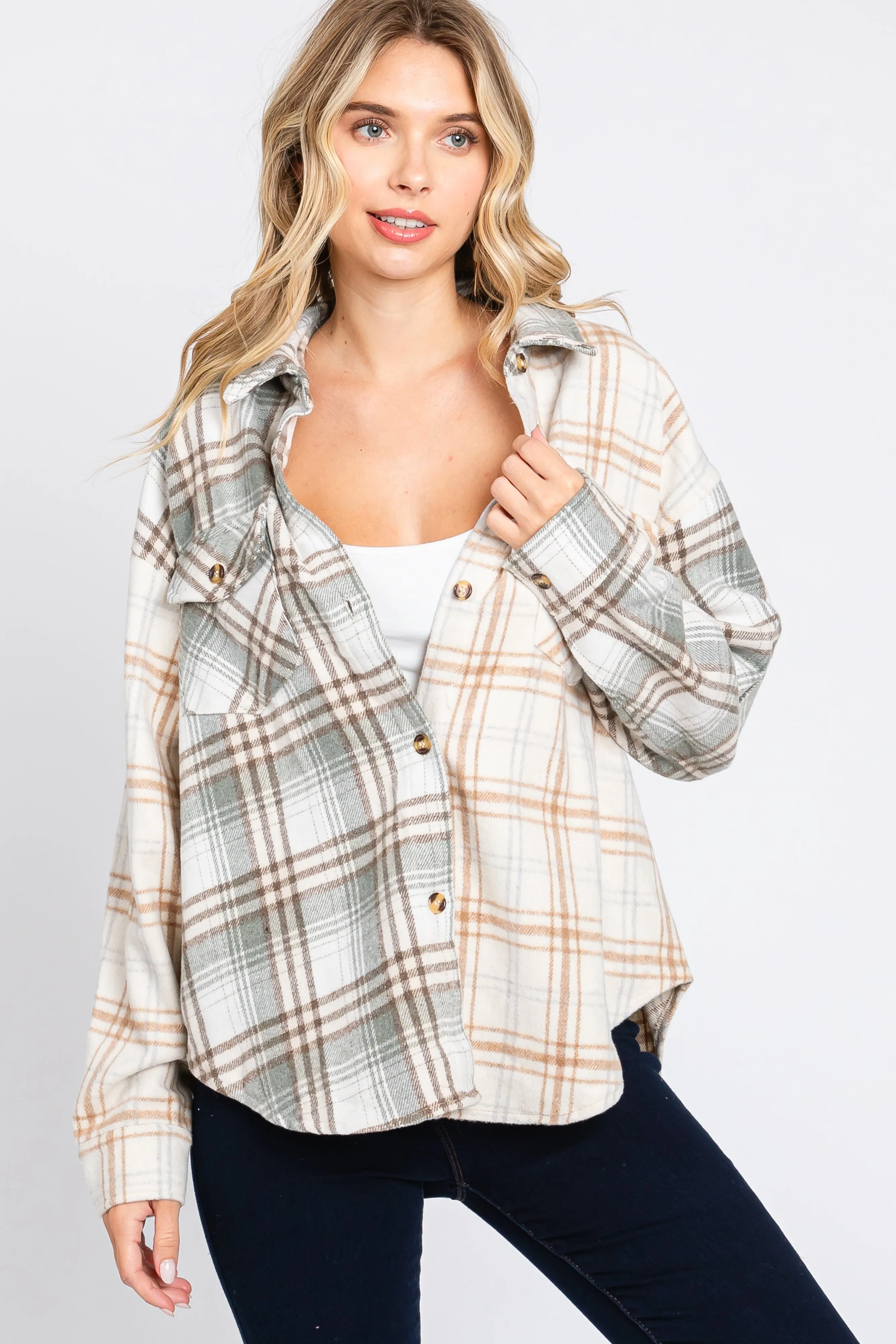 Grey Plaid Button Down Flannel sold by Pinkblush