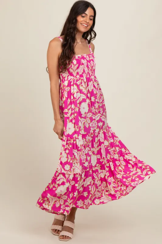 Fuchsia Floral Smocked Tiered Midi Dress sold by Pinkblush