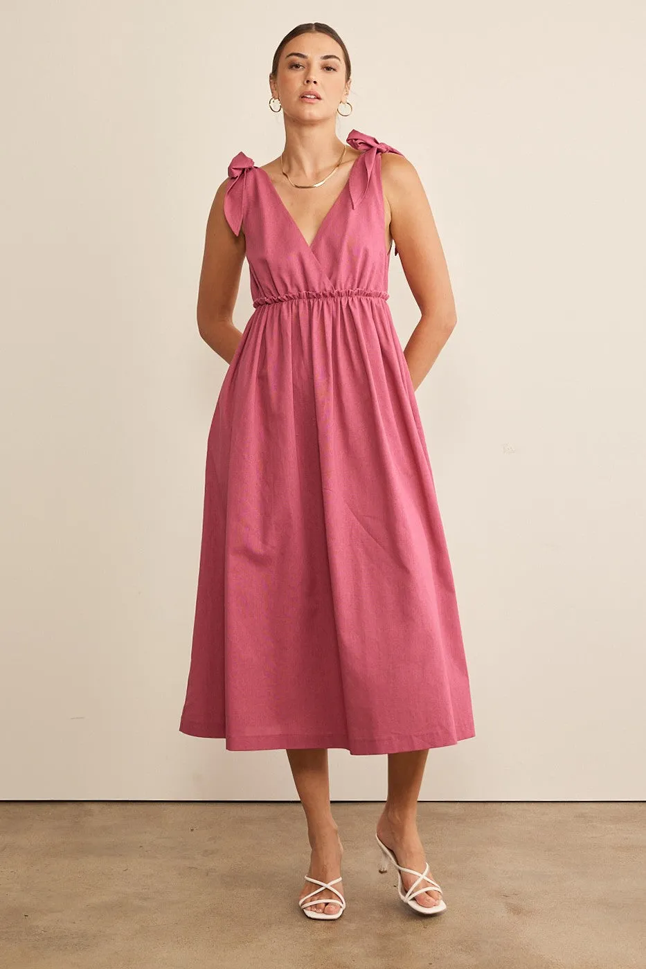 Magenta Linen Shoulder Tie Midi Dress sold by Pinkblush
