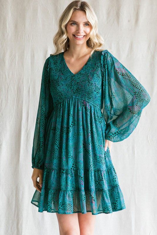 Teal Printed Smocked Long Sleeve Dress sold by Pinkblush