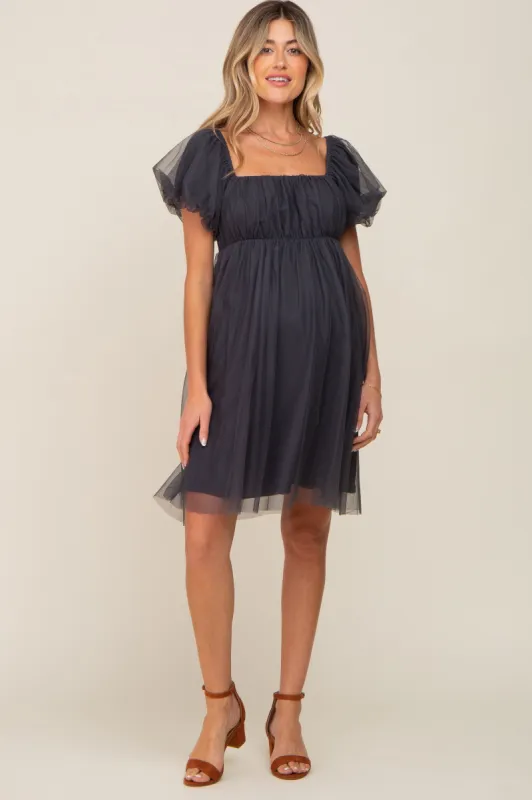 Charcoal Tulle Puff Sleeve Maternity Dress sold by Pinkblush