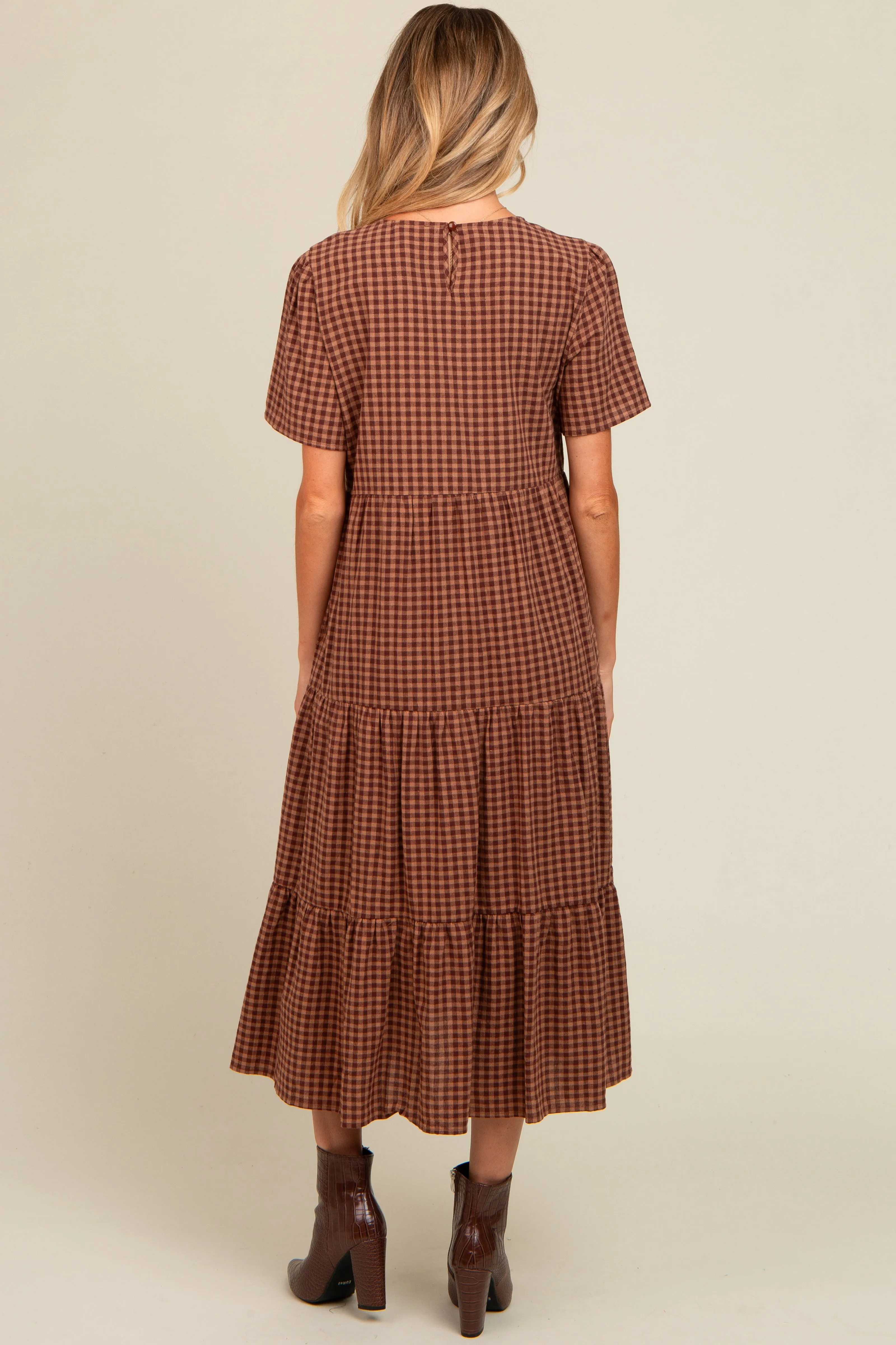 Mocha Gingham Tiered Maternity Midi Dress sold by Pinkblush product image thumbnail 3