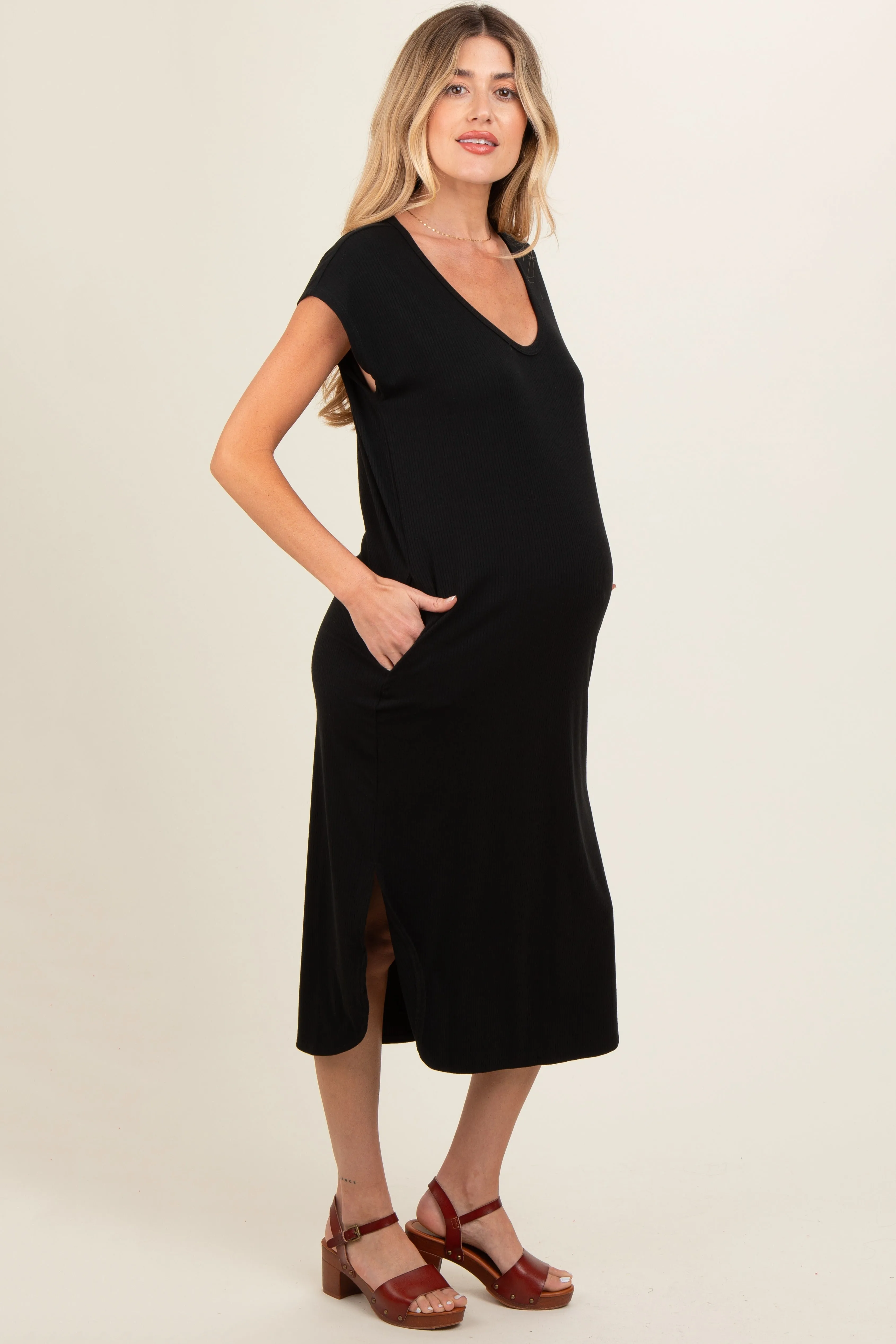 Black Rib Knit Scoop Neck Maternity Midi Dress sold by Pinkblush product image thumbnail 2