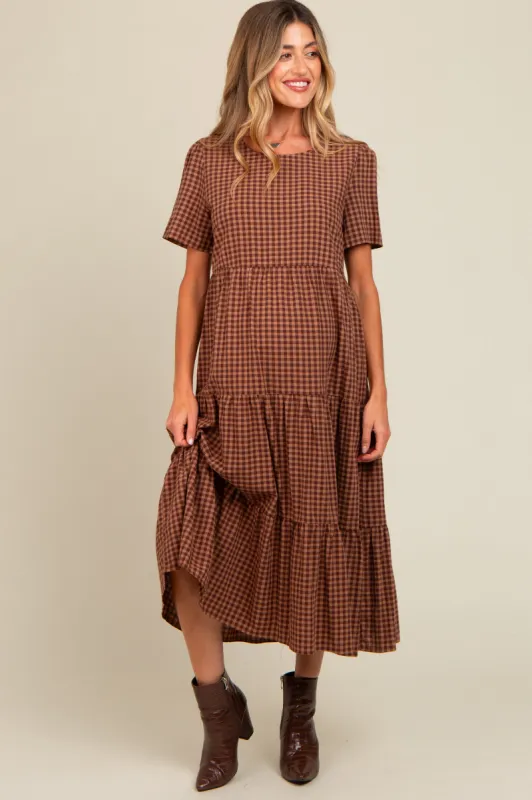 Mocha Gingham Tiered Maternity Midi Dress sold by Pinkblush