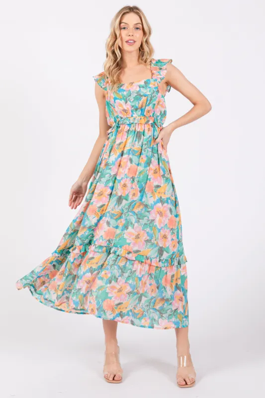 Aqua Watercolor Floral Ruffle Accent Midi Dress sold by Pinkblush