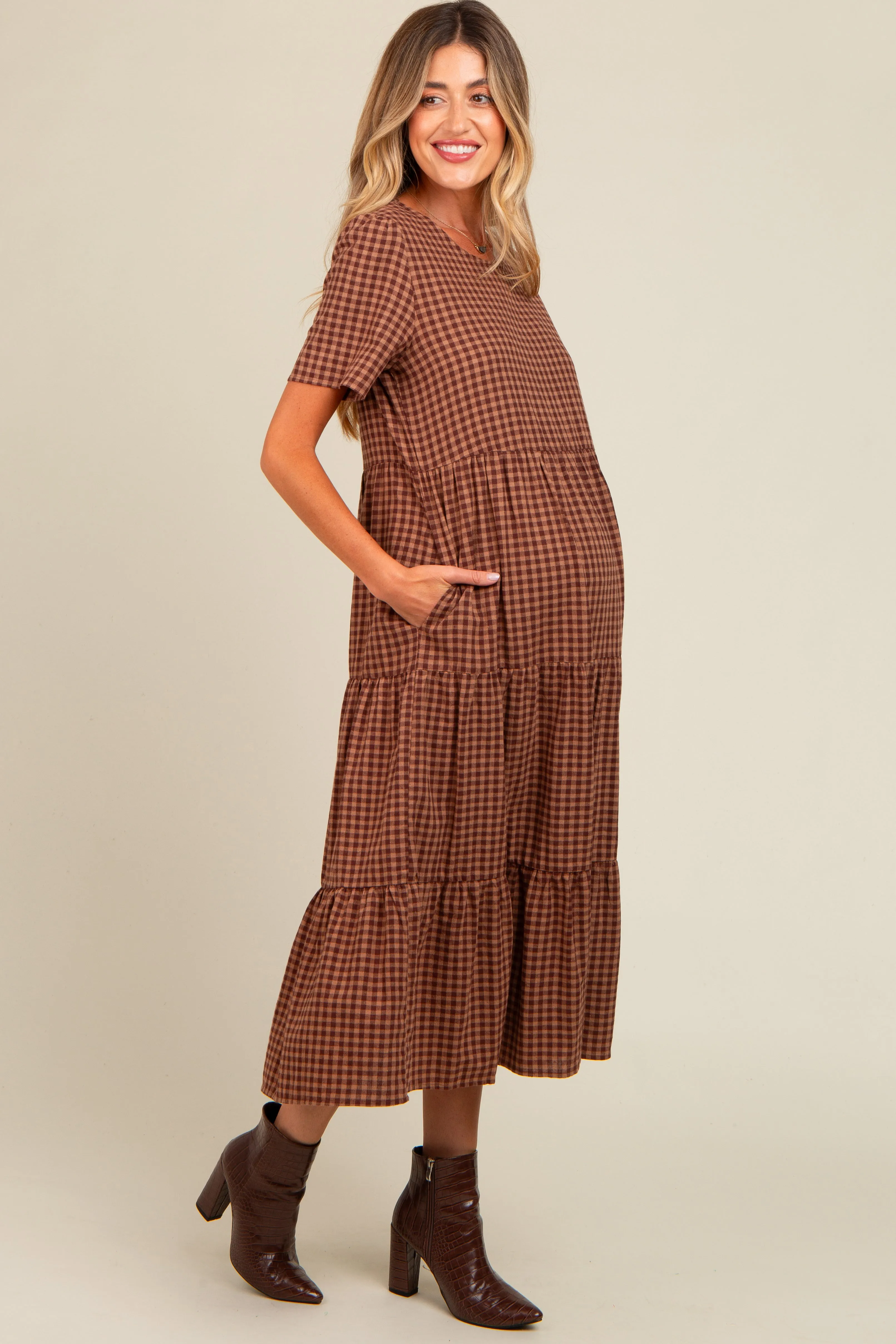 Mocha Gingham Tiered Maternity Midi Dress sold by Pinkblush product image thumbnail 2