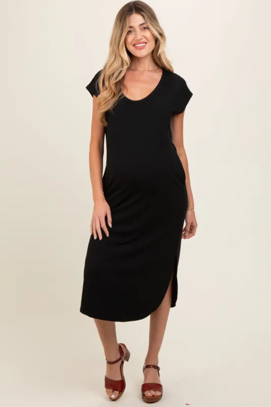 Black Rib Knit Scoop Neck Maternity Midi Dress sold by Pinkblush