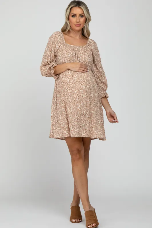 Taupe Floral 3/4 Sleeve Maternity Dress sold by Pinkblush