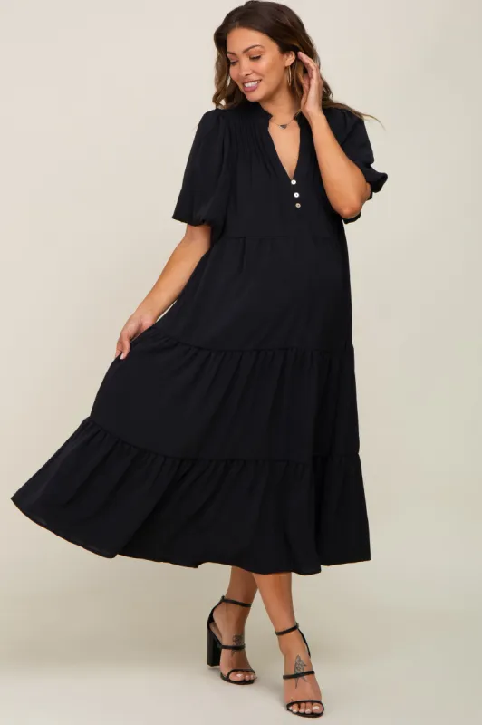 Black Bubble Sleeve Tiered Maternity Midi Dress sold by Pinkblush