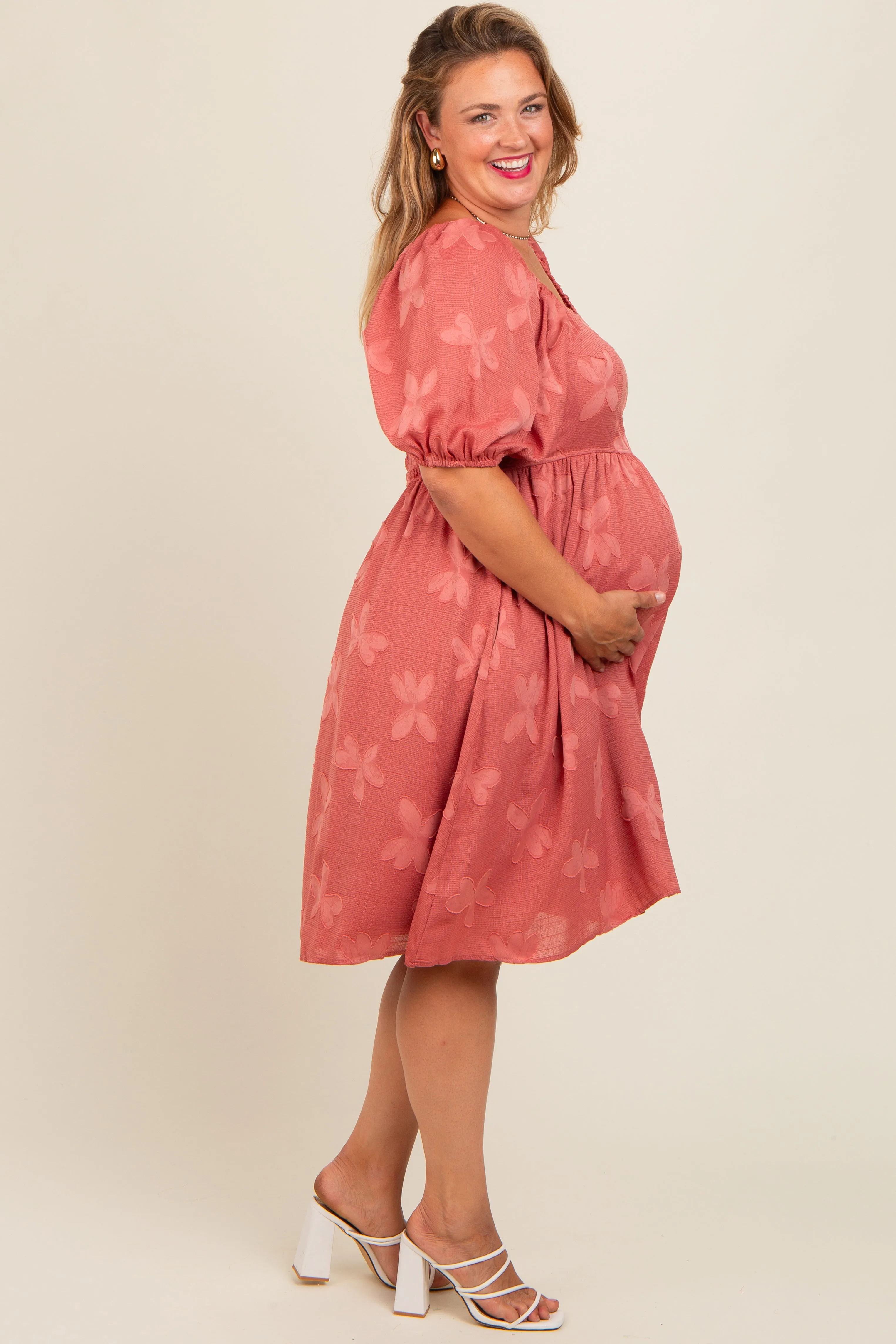 Mauve Textured Floral Square Neck Puff Sleeve Maternity Plus Dress sold by Pinkblush product image thumbnail 2