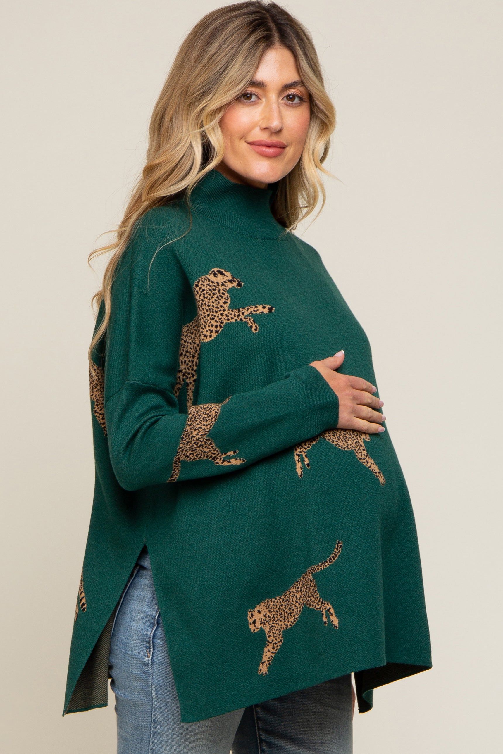 Forest Green Animal Print Side Slit Maternity Sweater sold by Pinkblush product image thumbnail 2