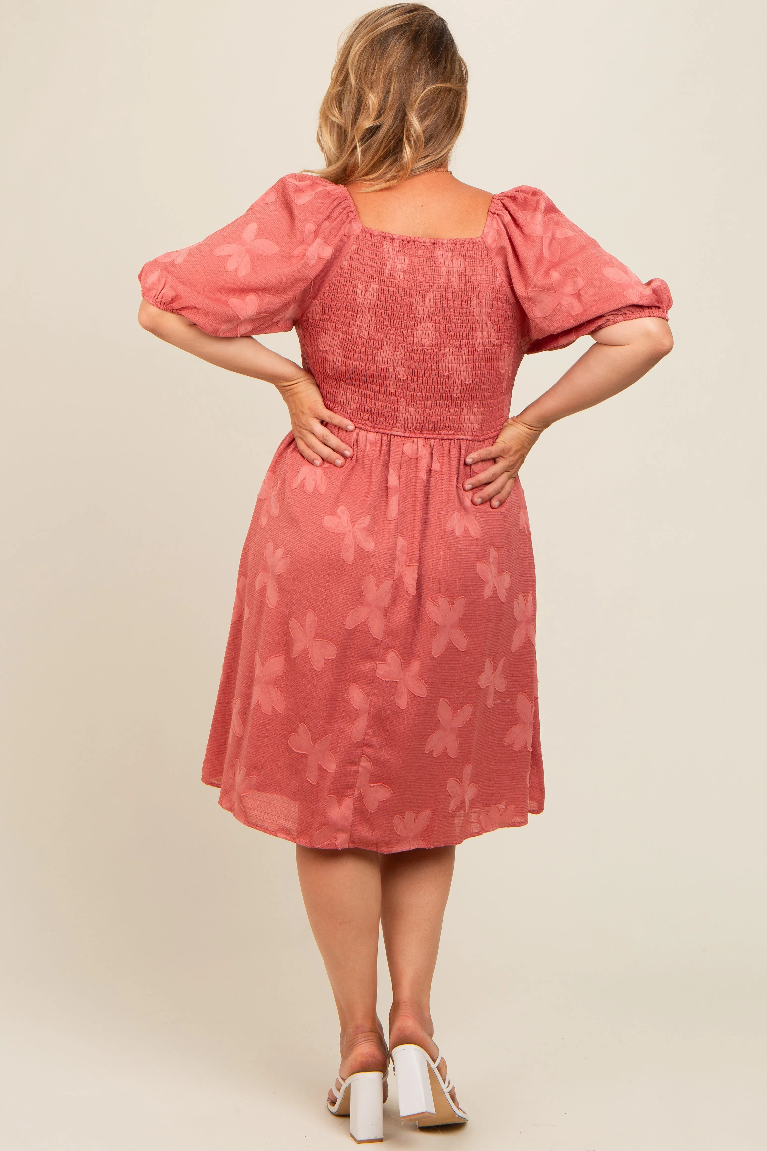 Mauve Textured Floral Square Neck Puff Sleeve Maternity Plus Dress sold by Pinkblush product image thumbnail 3