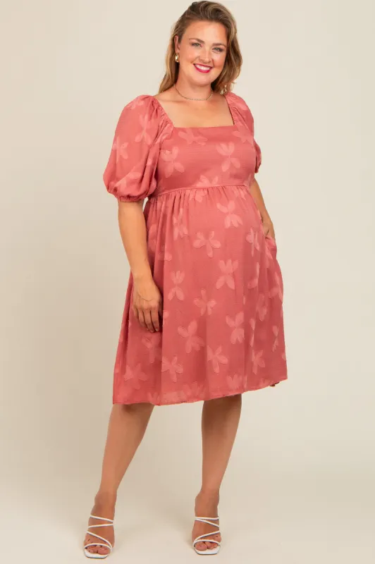 Mauve Textured Floral Square Neck Puff Sleeve Maternity Plus Dress sold by Pinkblush