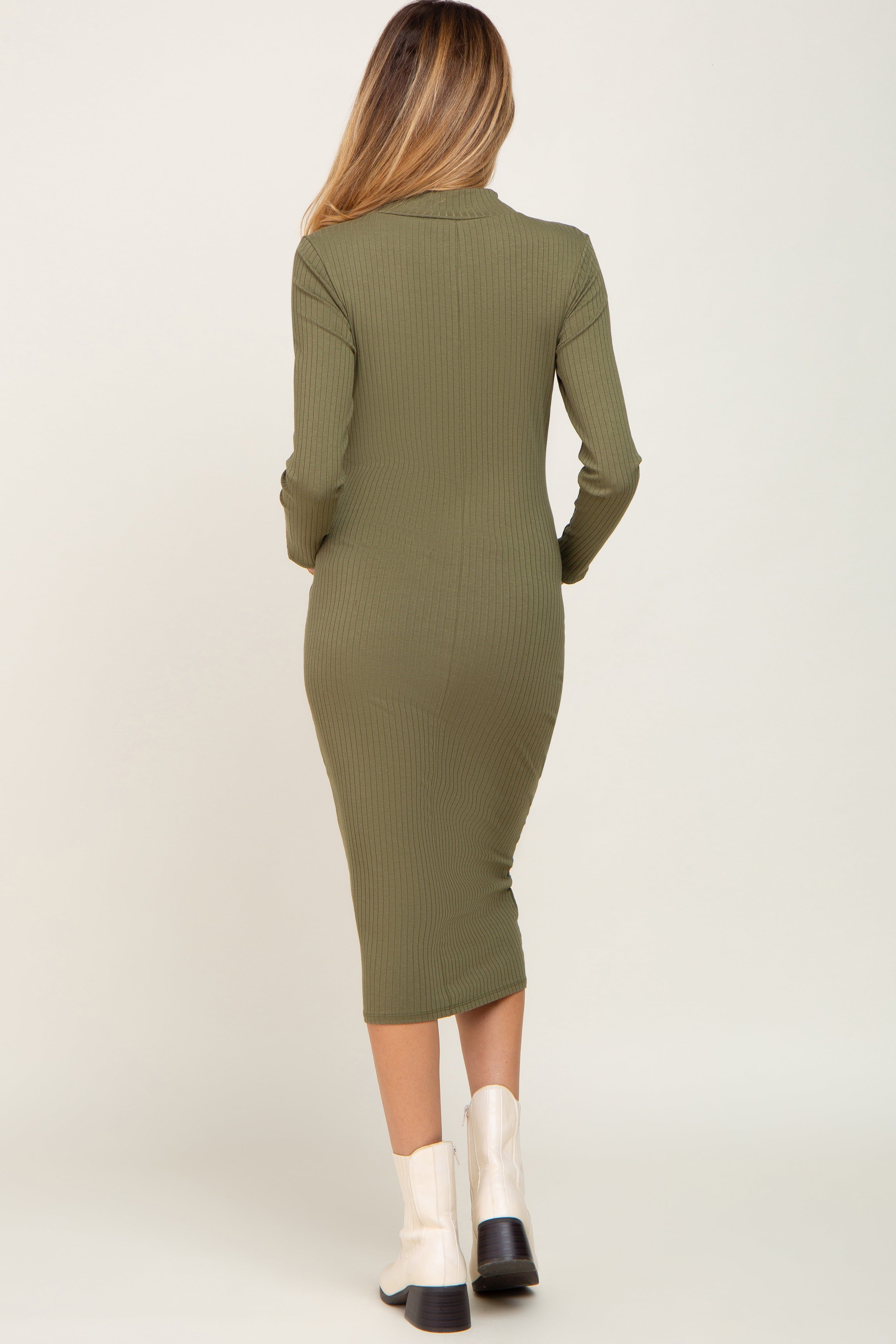 Olive Ribbed Long Sleeve Mock Neck Maternity Midi Dress sold by Pinkblush product image thumbnail 3
