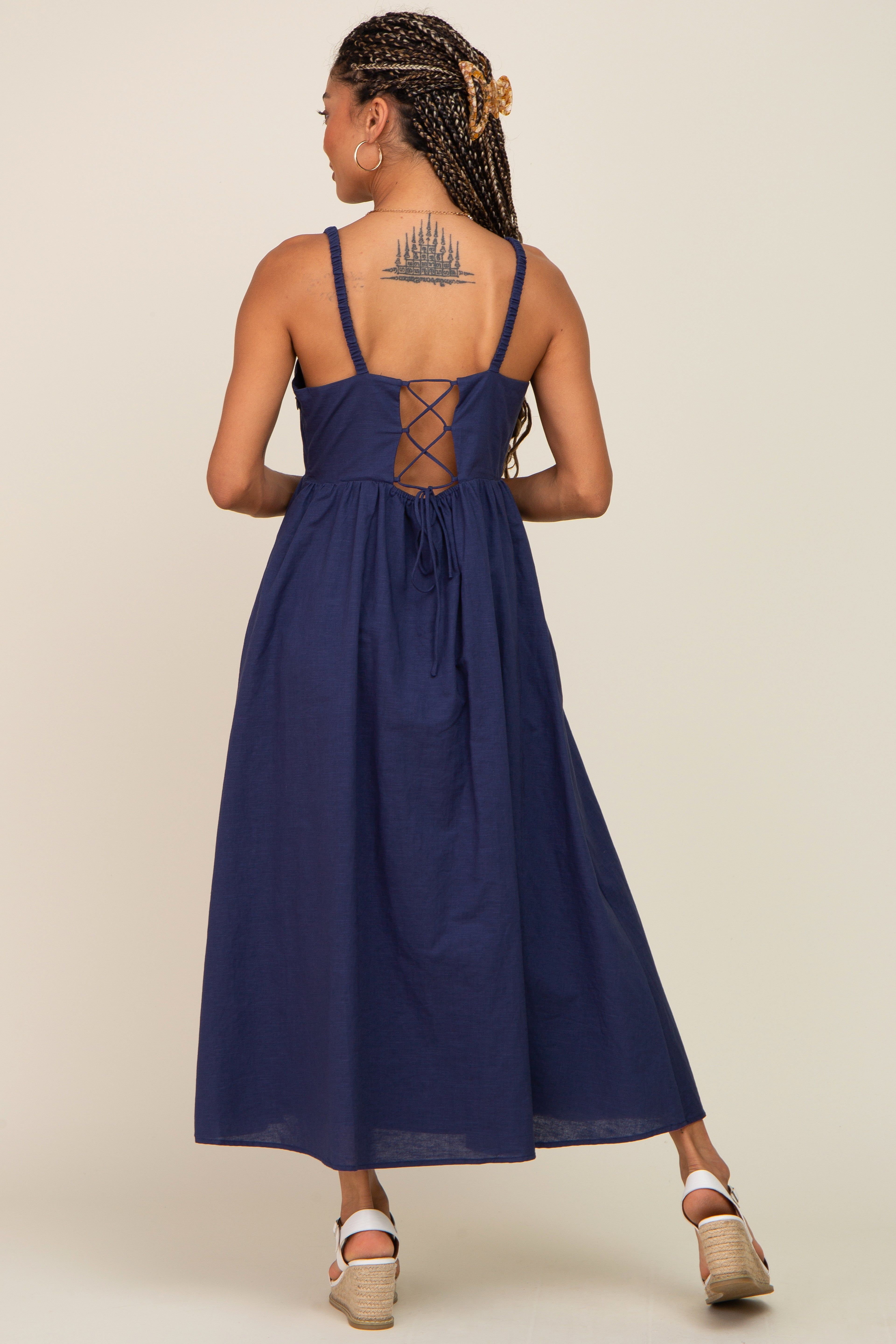 Navy Blue Linen Square Neck Lace-Up Back Midi Dress sold by Pinkblush product image thumbnail 3