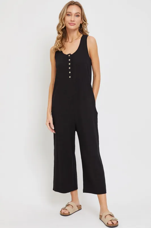 Black Ribbed Button Front Sleeveless Jumpsuit sold by Pinkblush