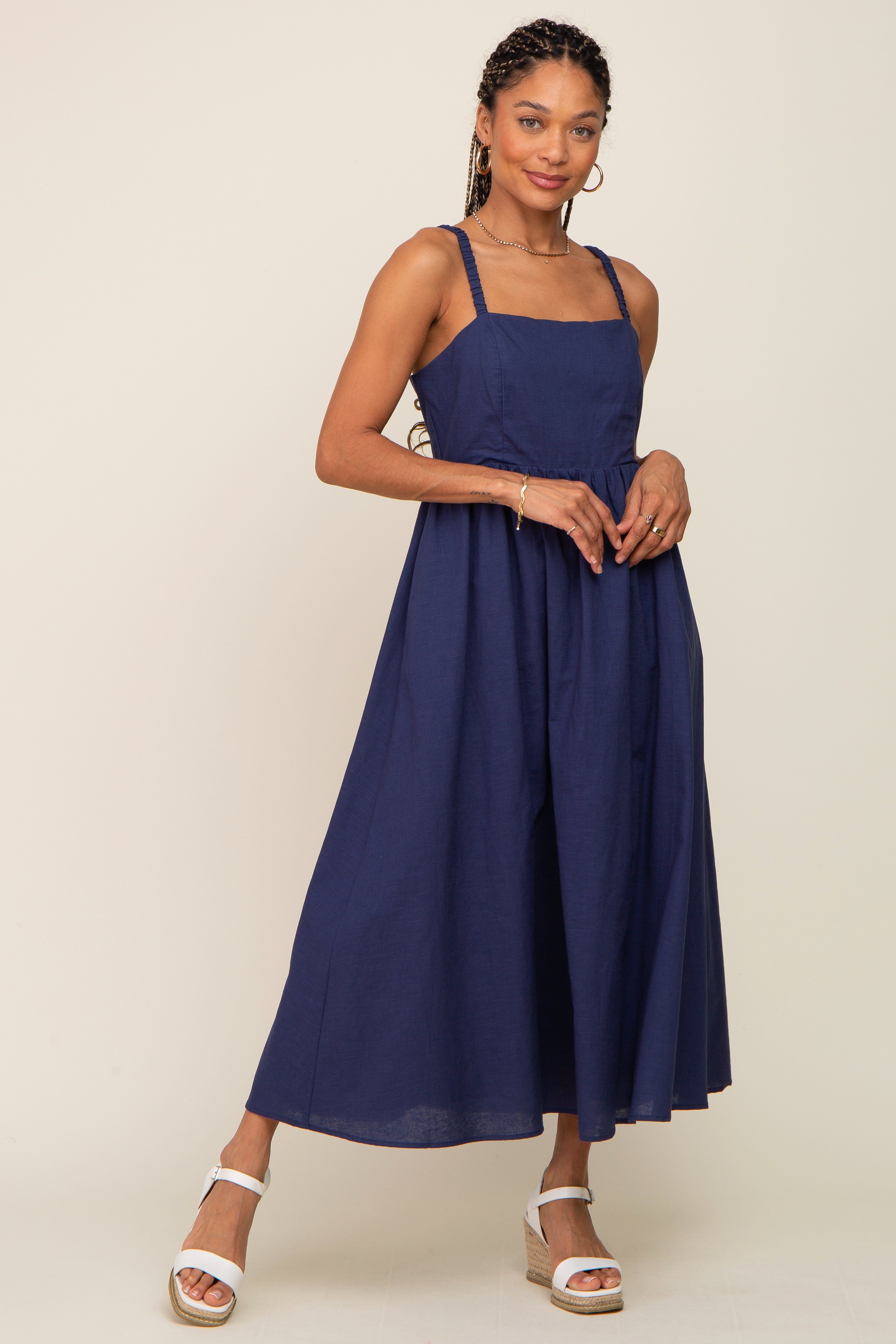 Navy Blue Linen Square Neck Lace-Up Back Midi Dress sold by Pinkblush product image thumbnail 4