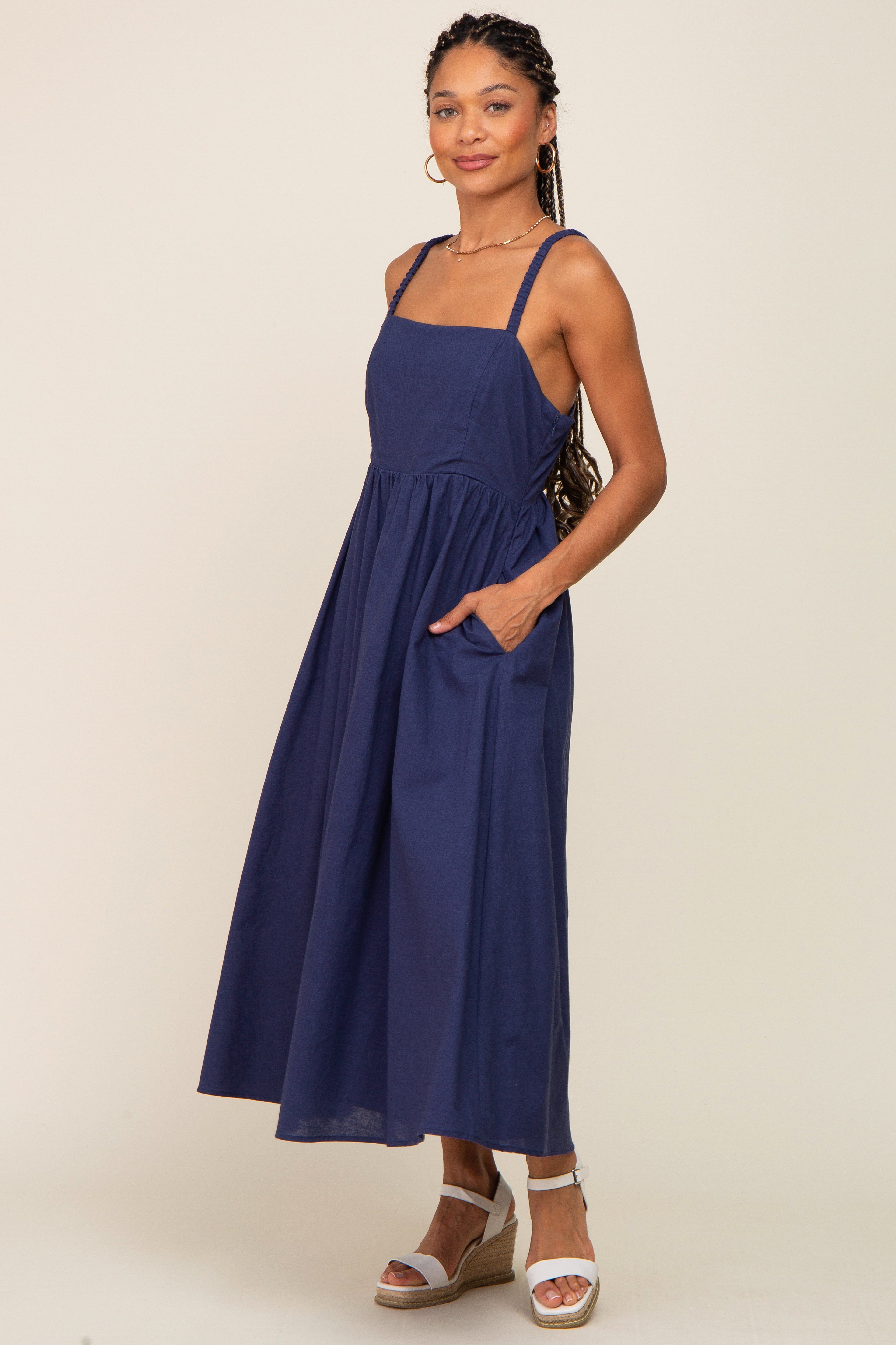 Navy Blue Linen Square Neck Lace-Up Back Midi Dress sold by Pinkblush product image thumbnail 5