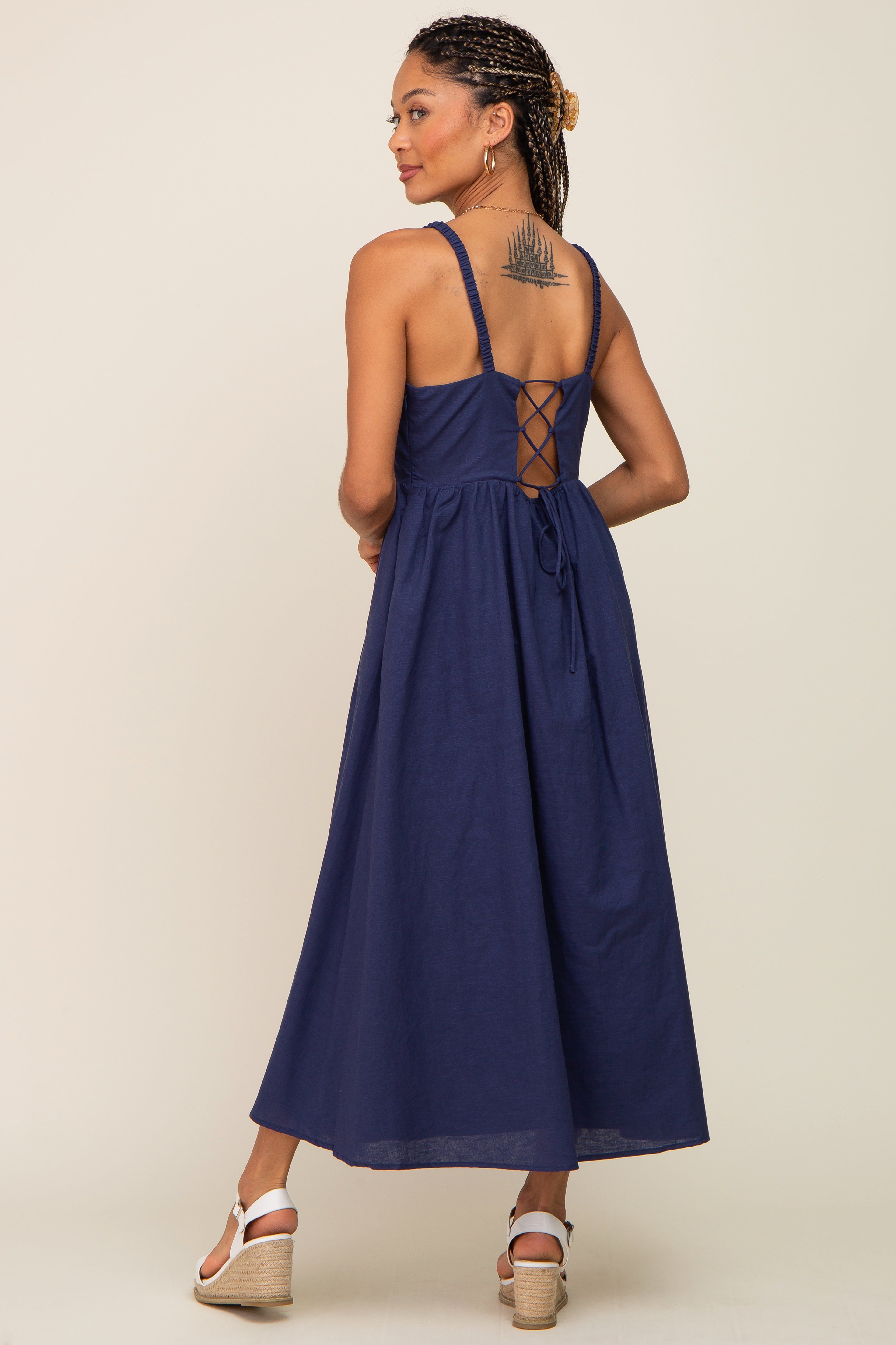 Navy Blue Linen Square Neck Lace-Up Back Midi Dress sold by Pinkblush product image thumbnail 2