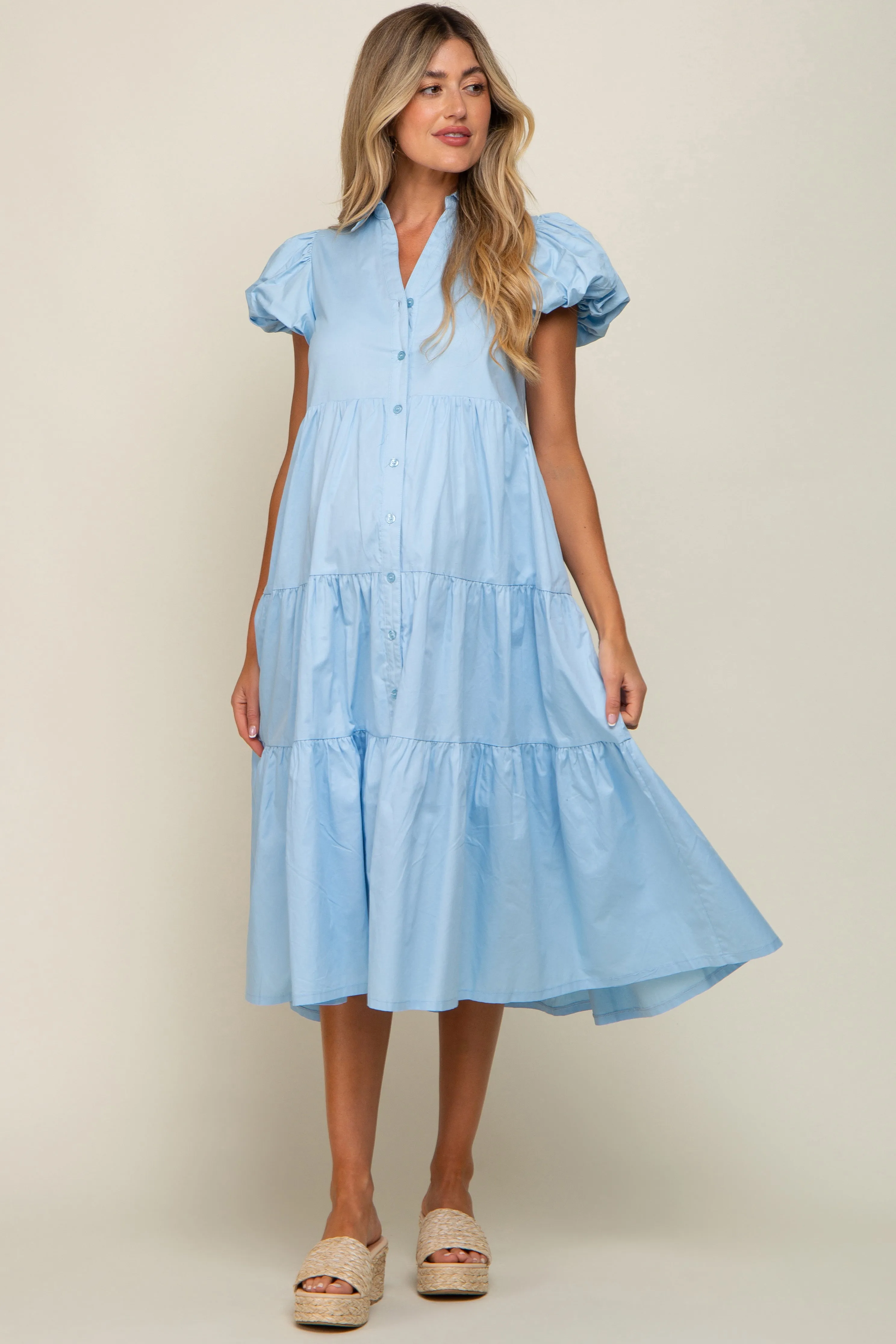 Light Blue Puff Sleeve Button Down Maternity Midi Dress sold by Pinkblush