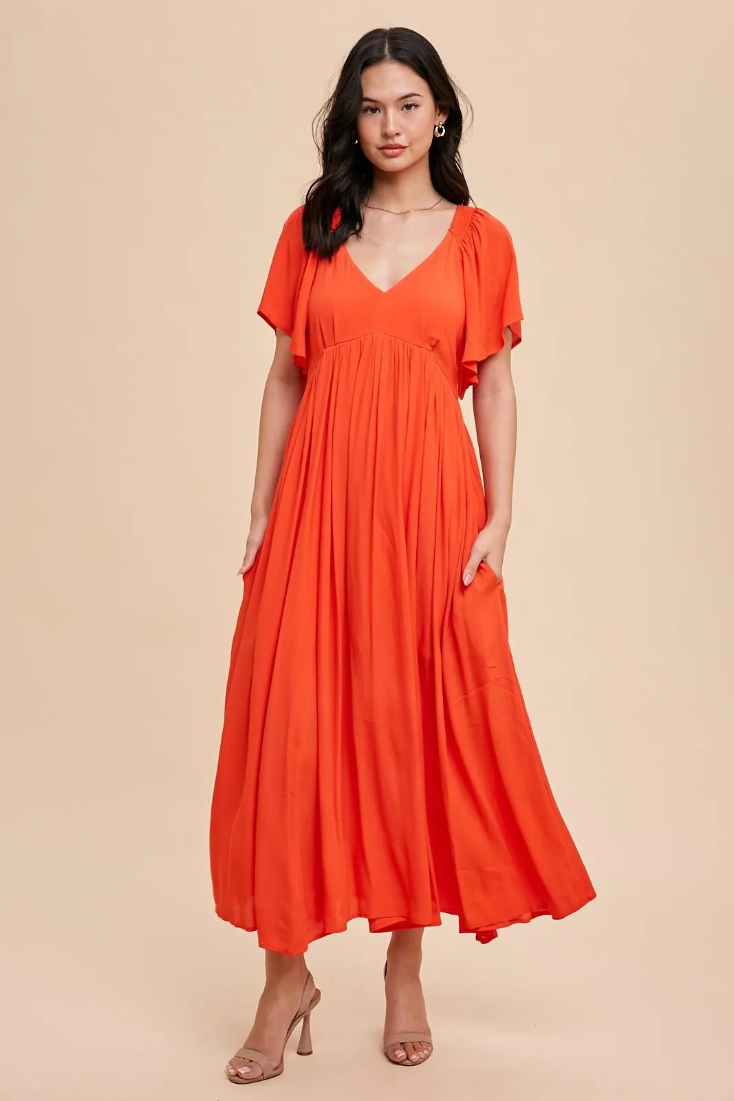 Coral V-Neck Flutter Short Sleeve Midi Dress sold by Pinkblush product image thumbnail 2
