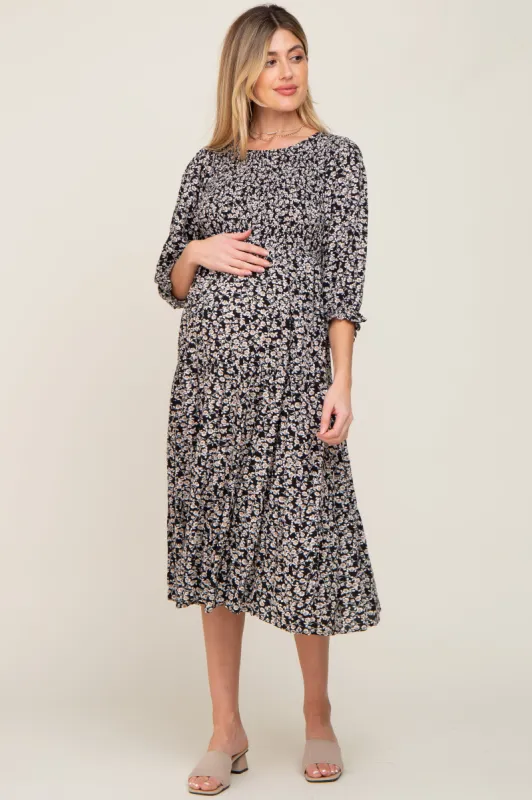 Black Floral Smocked 3/4 Sleeve Maternity Midi Dress sold by Pinkblush