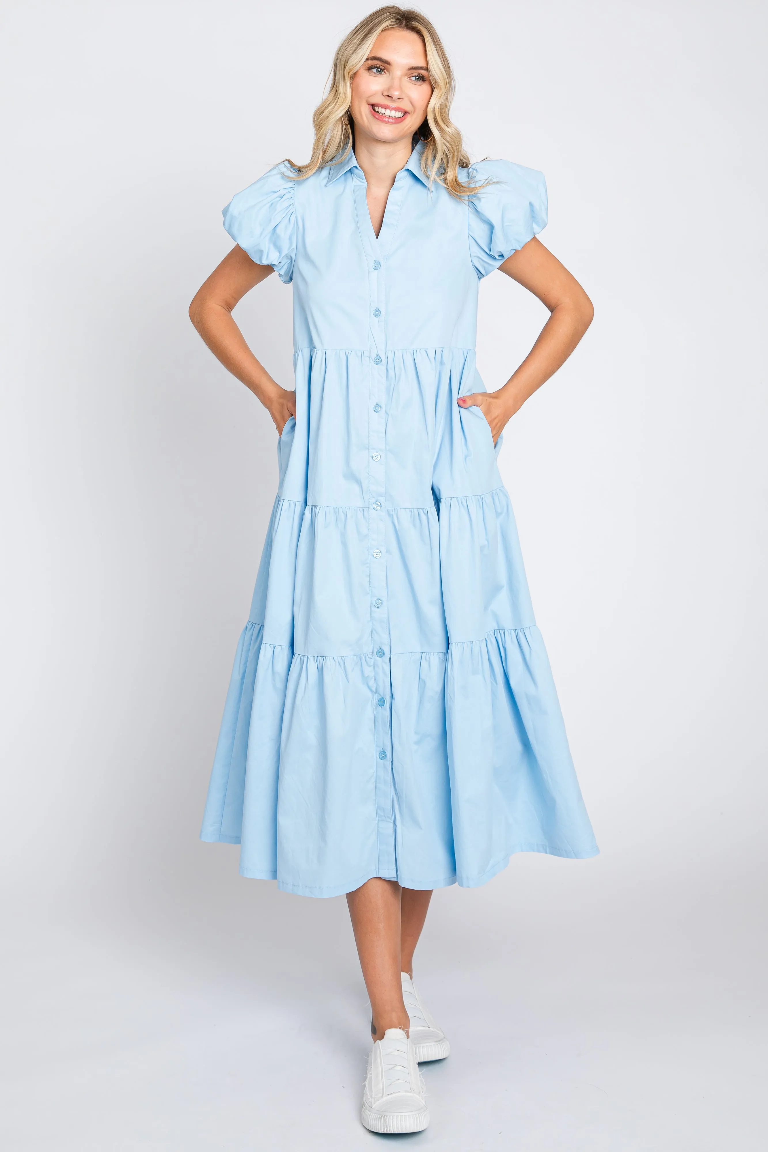 Light Blue Puff Sleeve Button Down Maternity Midi Dress sold by Pinkblush product image thumbnail 5
