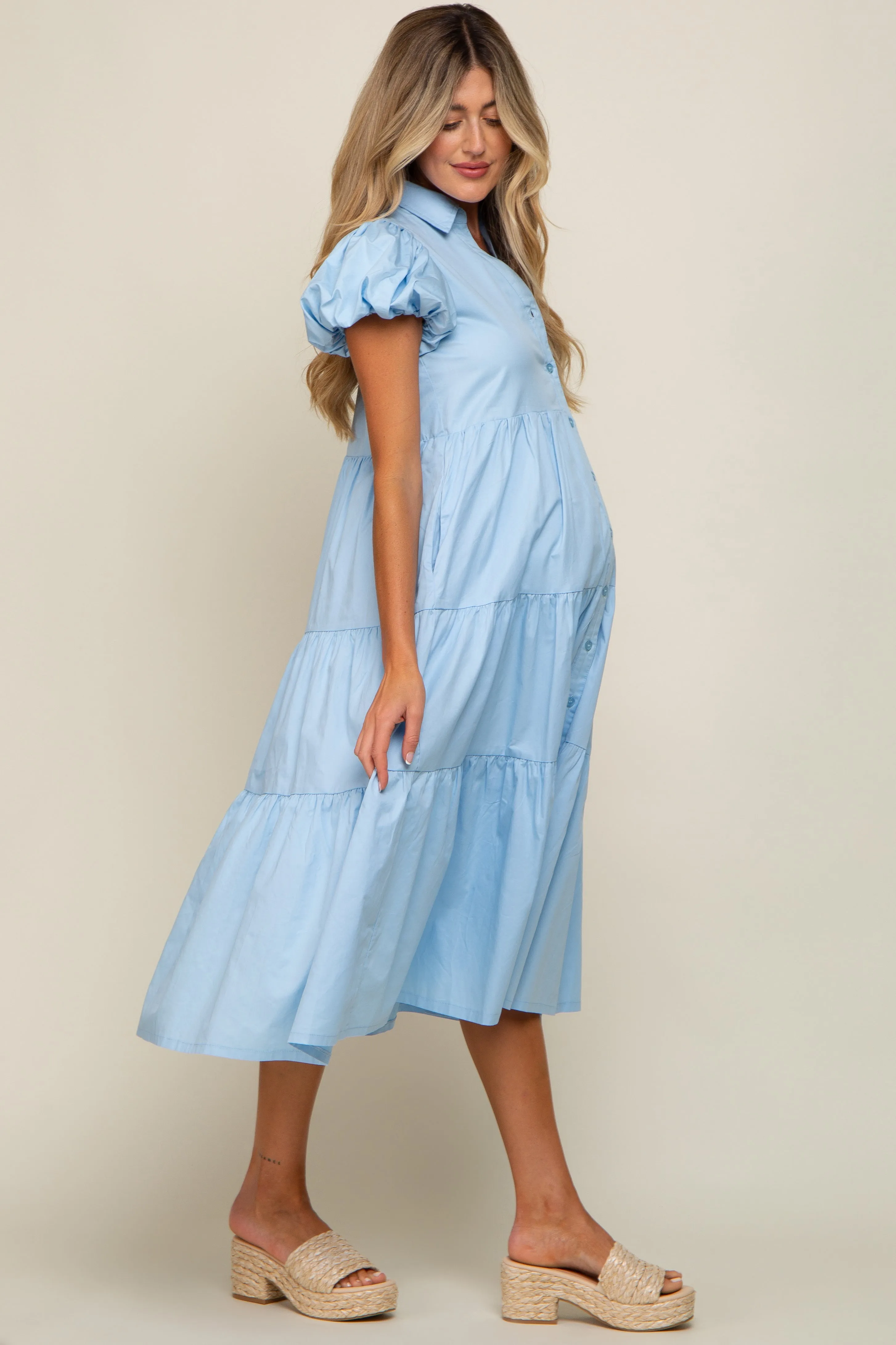 Light Blue Puff Sleeve Button Down Maternity Midi Dress sold by Pinkblush product image thumbnail 2