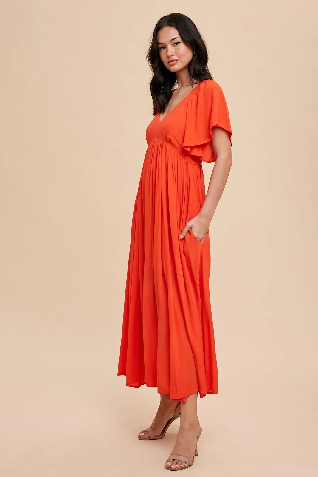 Coral V-Neck Flutter Short Sleeve Midi Dress sold by Pinkblush product image thumbnail 3