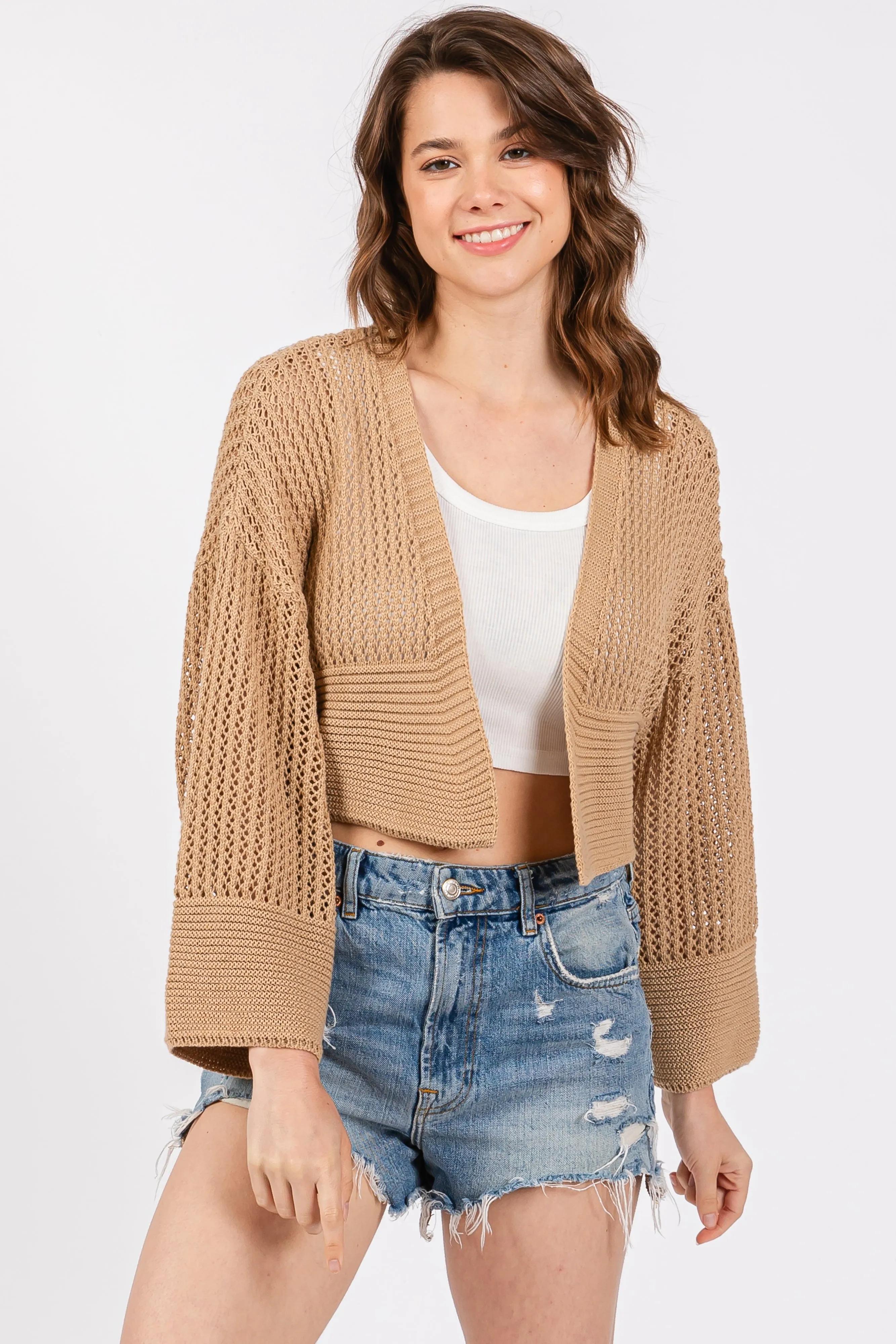 Taupe Open Knit Cropped Maternity Cardigan sold by Pinkblush product image thumbnail 4