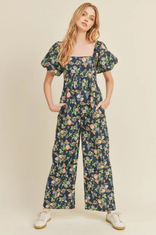 Navy Floral Wide Leg Puff Sleeve Jumpsuit sold by Pinkblush