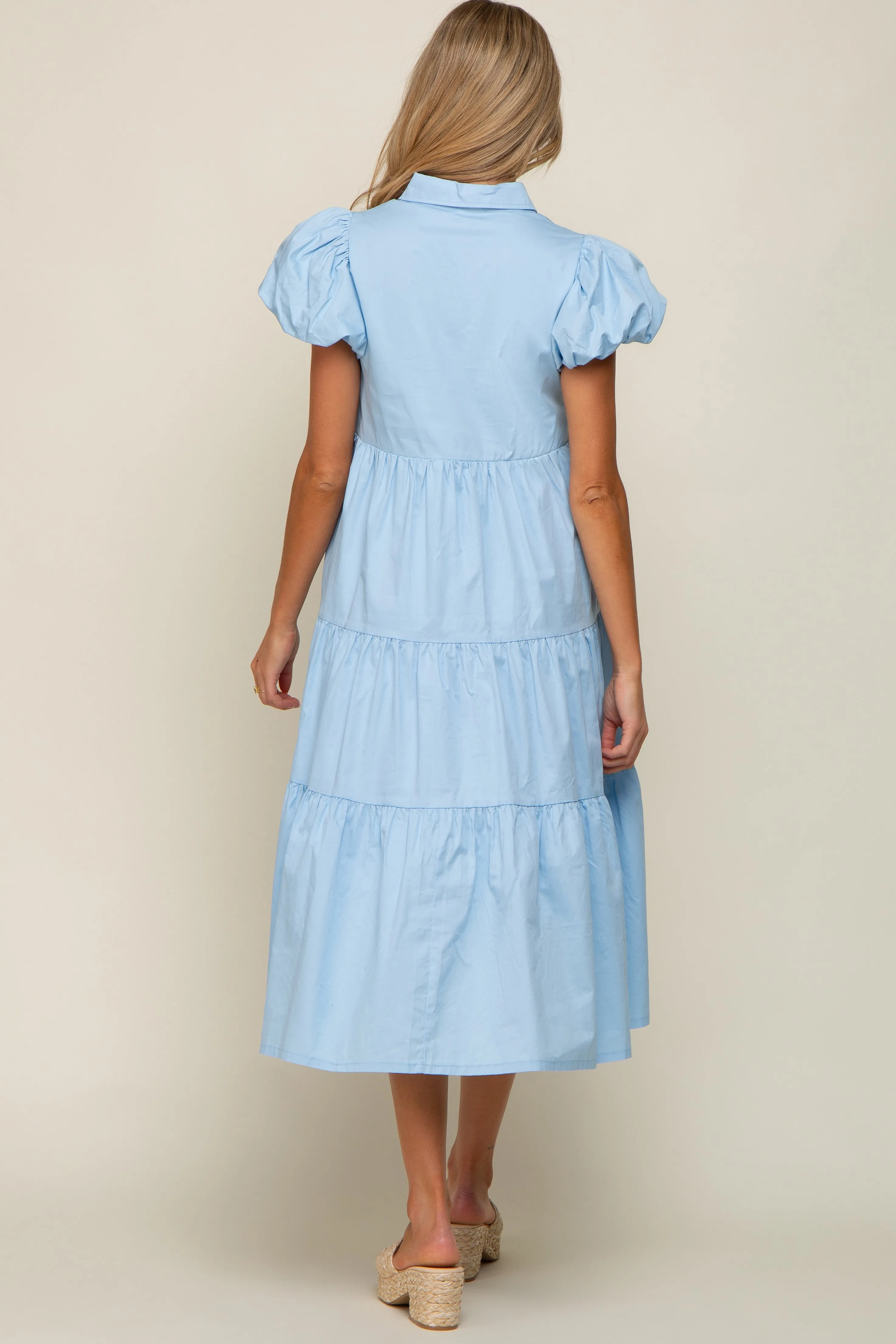 Light Blue Puff Sleeve Button Down Maternity Midi Dress sold by Pinkblush product image thumbnail 3