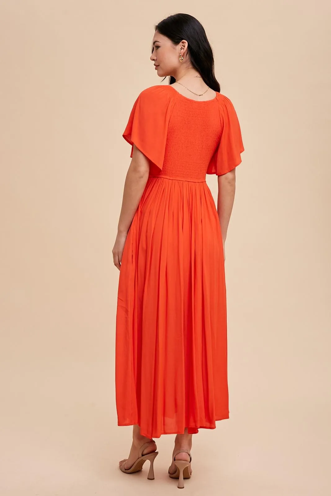 Coral V-Neck Flutter Short Sleeve Midi Dress sold by Pinkblush product image thumbnail 4