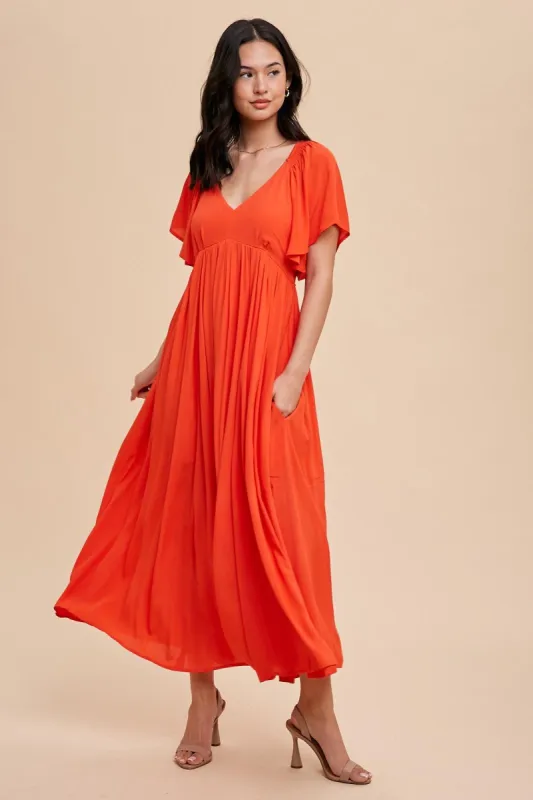 Coral V-Neck Flutter Short Sleeve Midi Dress sold by Pinkblush