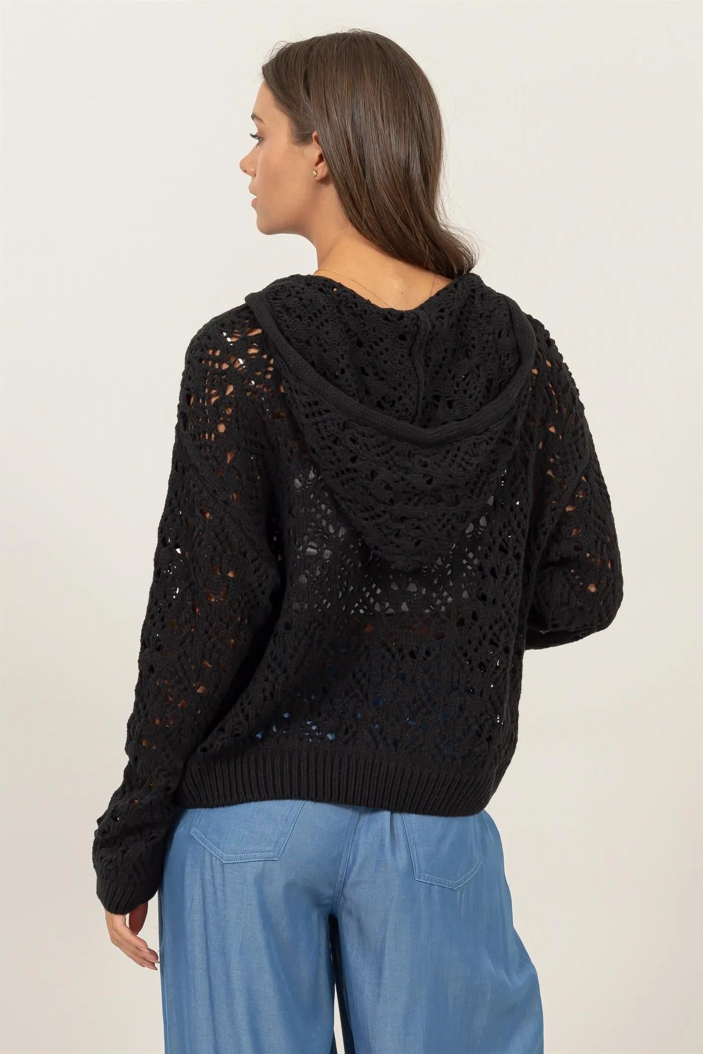 Black Open-Stitch Hoodie Crochet Sweater sold by Pinkblush product image thumbnail 5