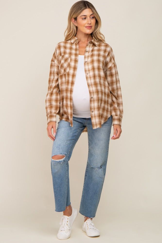 Mocha Plaid Button Up Raw Edge Maternity Flannel Top sold by Pinkblush product image thumbnail 4