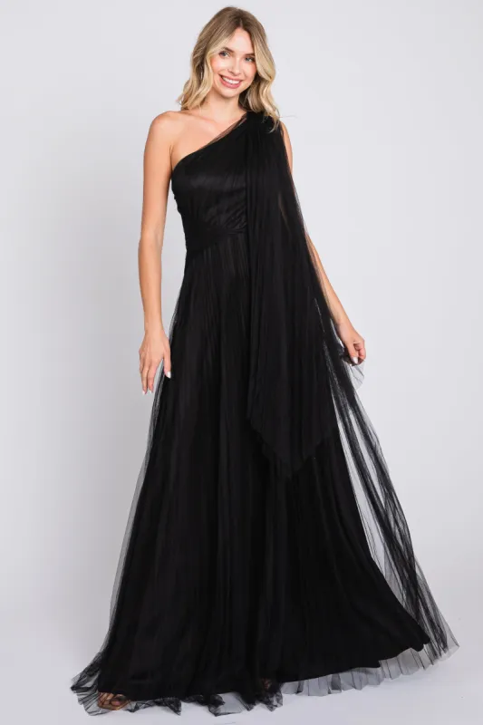 Black One Shoulder Pleated Mesh Gown sold by Pinkblush