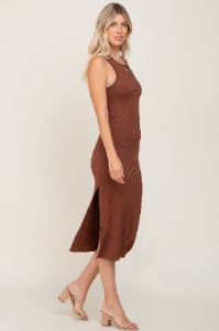 Brown Ribbed Cutout Shoulder Side Slit Midi Dress sold by Pinkblush
