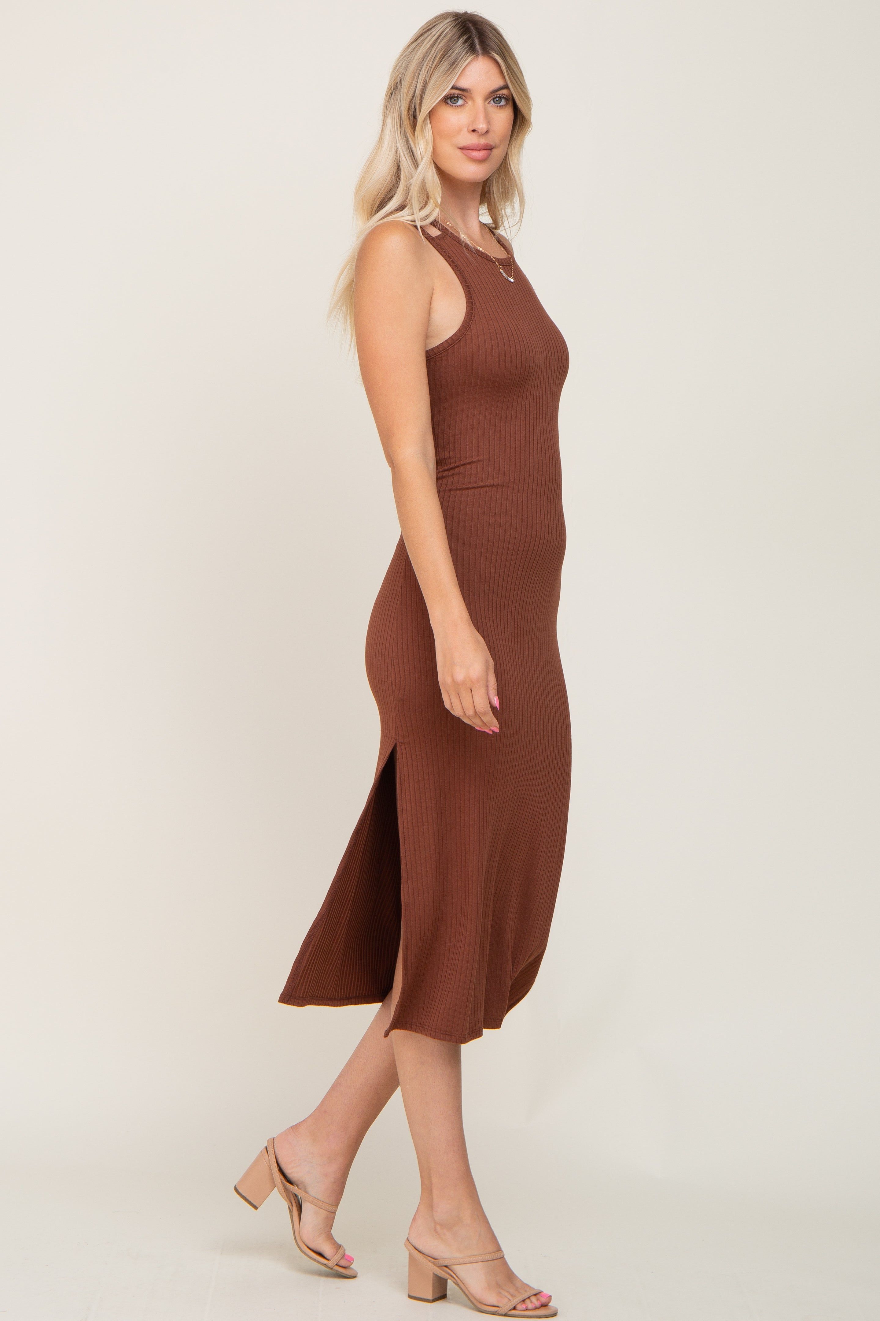 Brown Ribbed Cutout Shoulder Side Slit Midi Dress sold by Pinkblush product image thumbnail 2