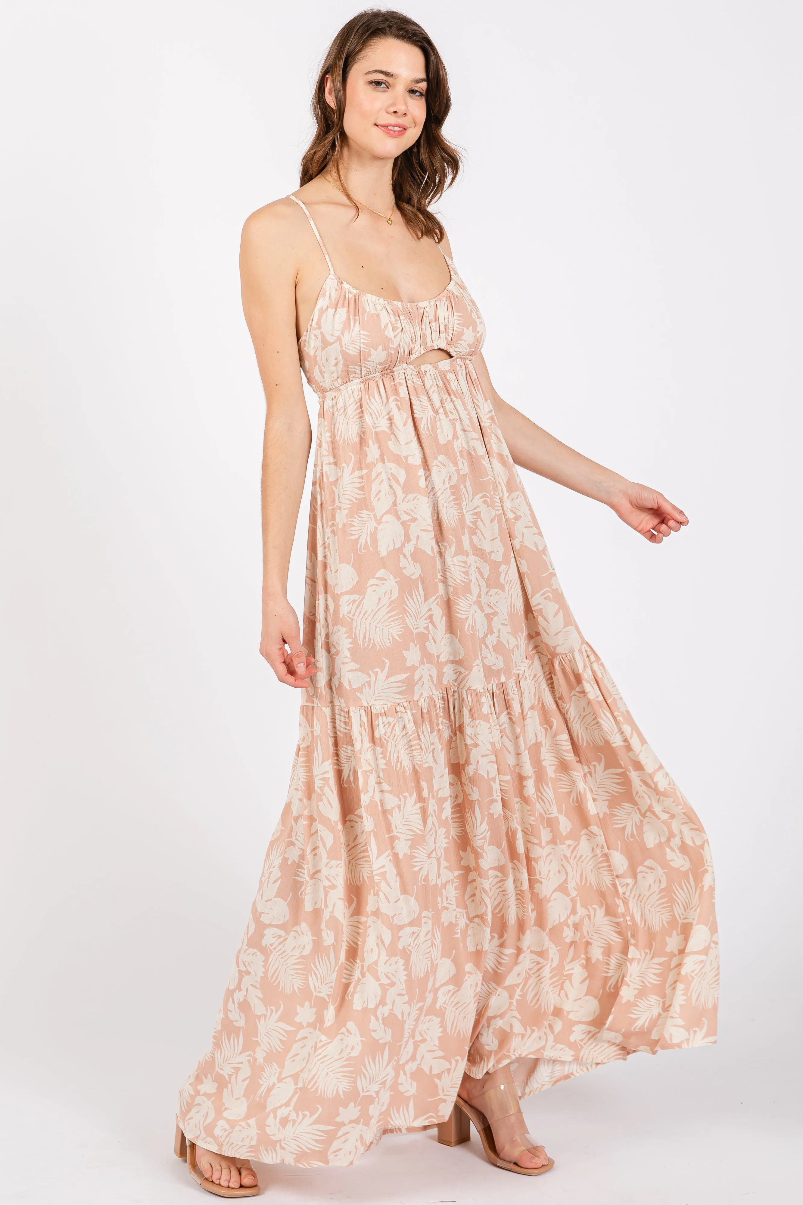 Light Pink Foral Front Cutout Open Cross Back Maxi Dress sold by Pinkblush