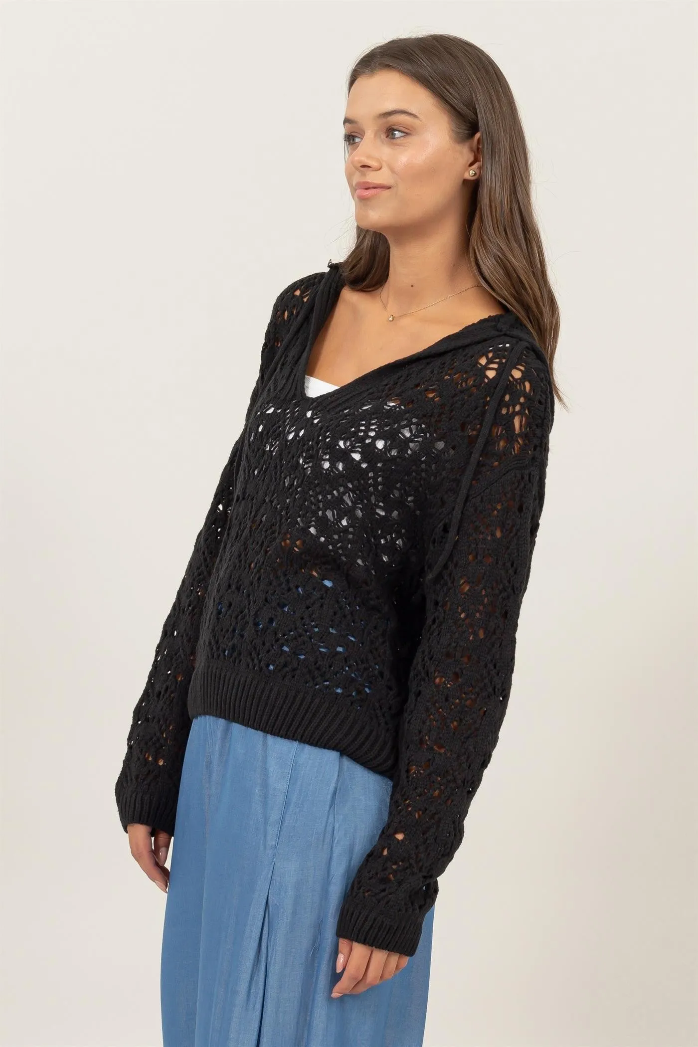 Black Open-Stitch Hoodie Crochet Sweater sold by Pinkblush product image thumbnail 3