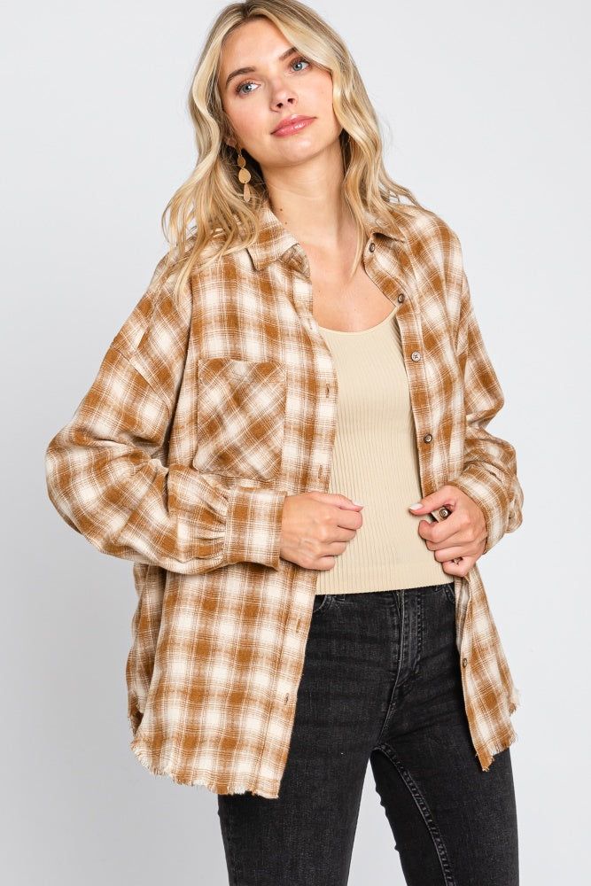 Mocha Plaid Button Up Raw Edge Maternity Flannel Top sold by Pinkblush product image thumbnail 5